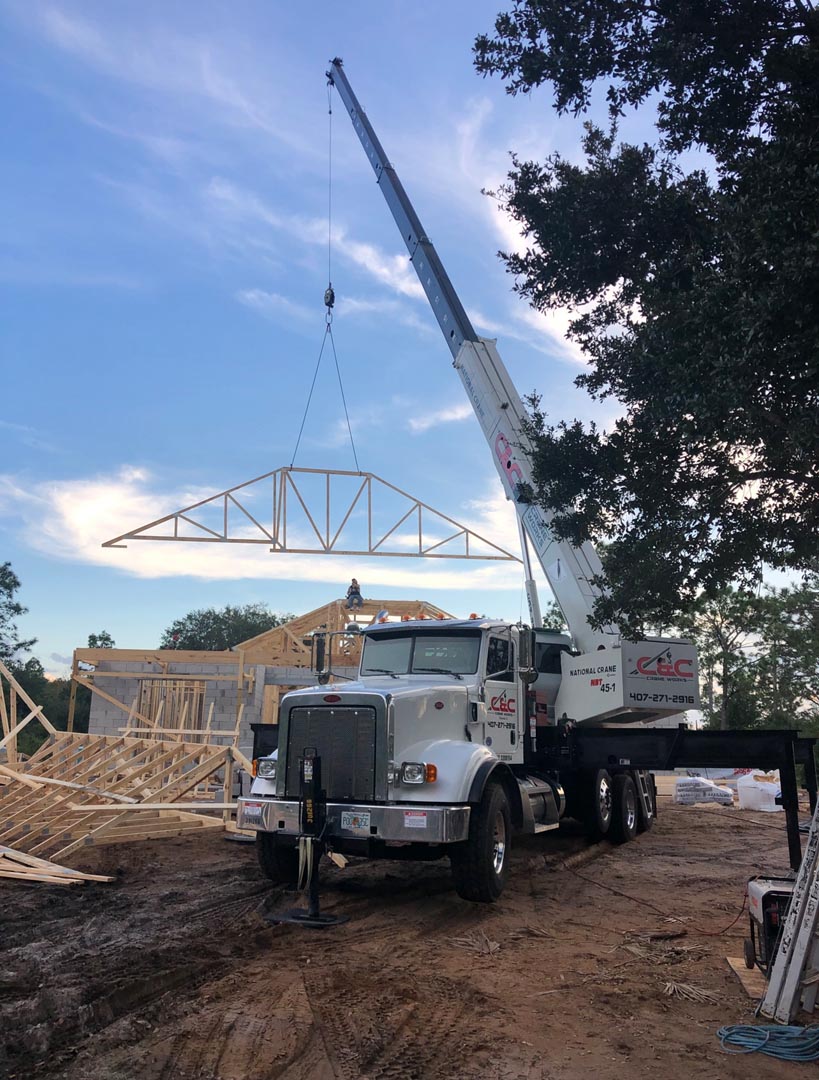 Wooden Trusses Crane Lifting Service in Central Florida by C and C Crane Works Brevard FL