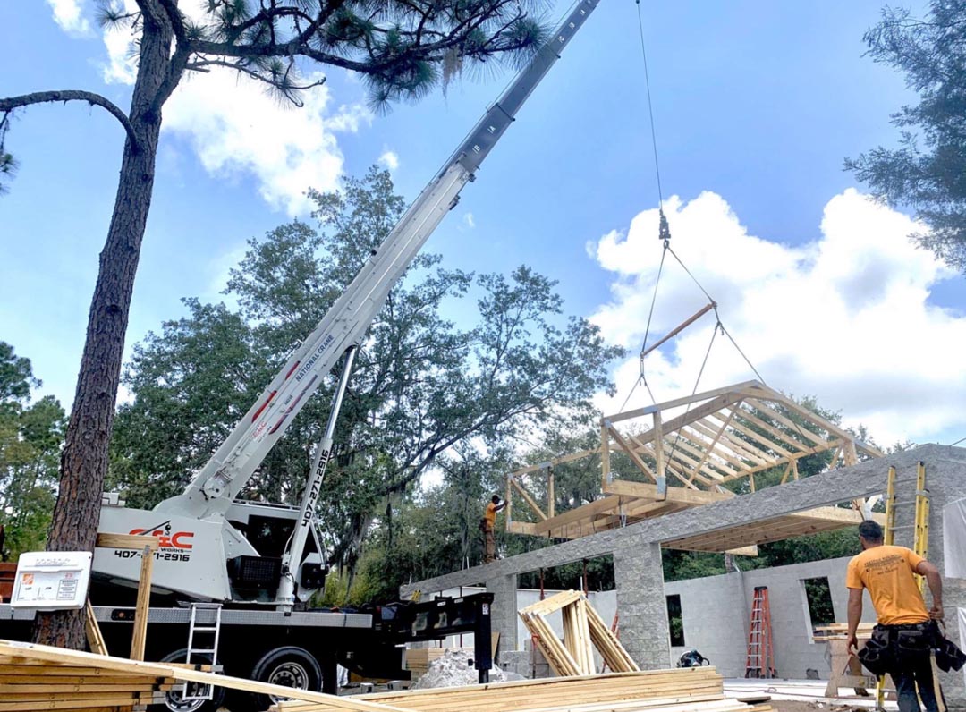 Wooden Trusses Crane Lifting Service in Central Florida by C and C Crane Works Brevard FL